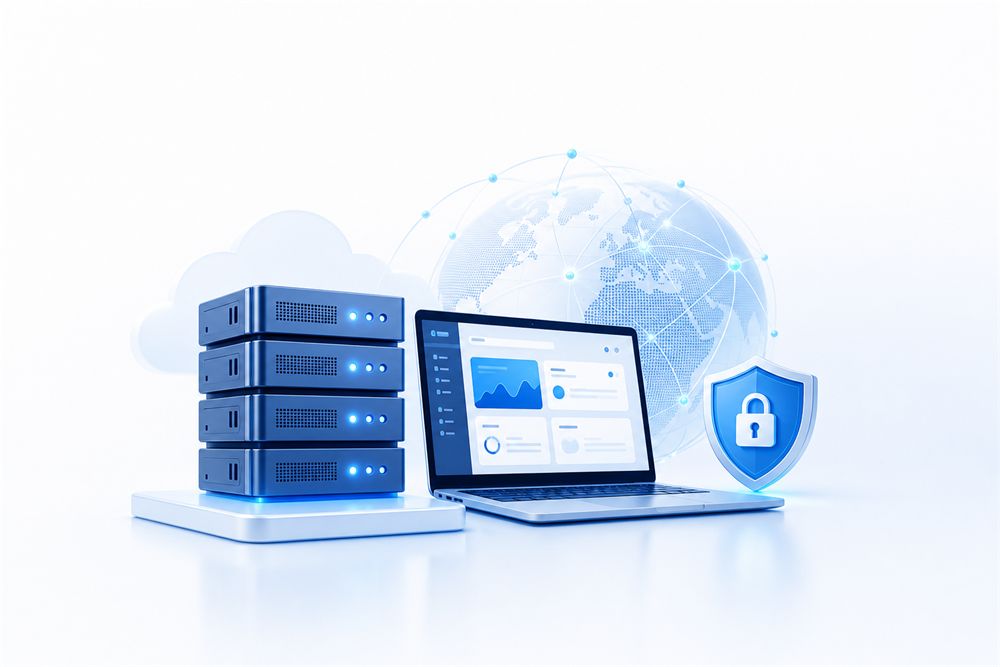 Hosting-Server, Dashboard und Sicherheitssymbol